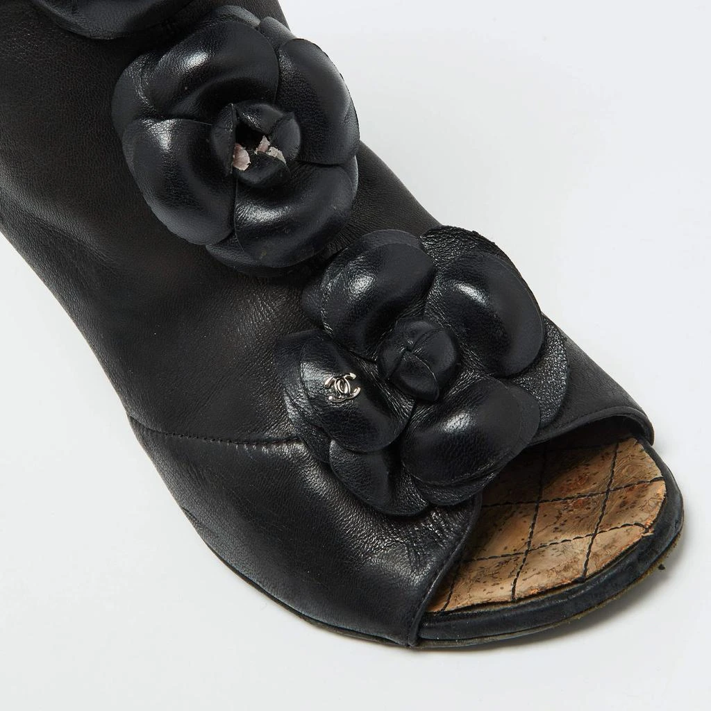 Chanel Chanel Black Leather CC Camellia Ankle Cork Wedge Boots Size 39 9