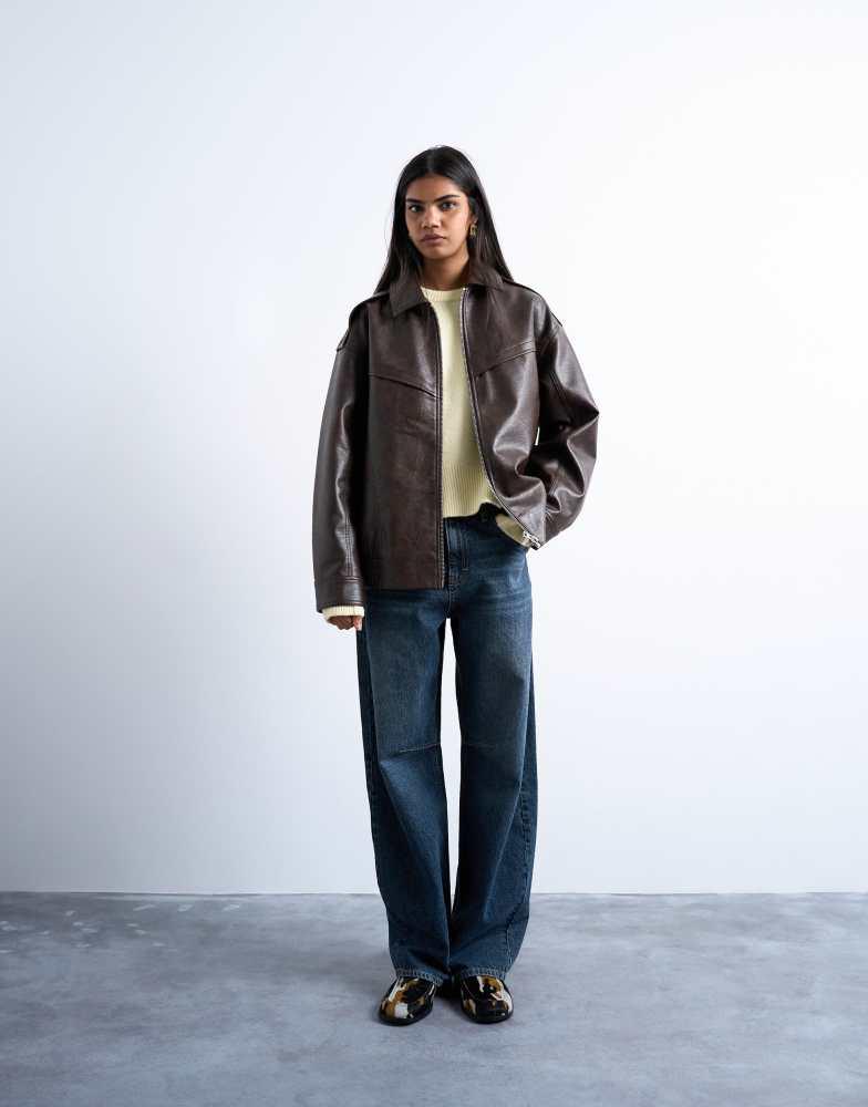 Shop Topshop faux leather vintage wash seam detail zip thru