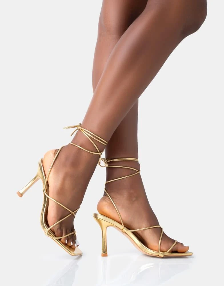 Public Desire Public Desire Euphoria pu square toe lace up mid heels in gold pu 2