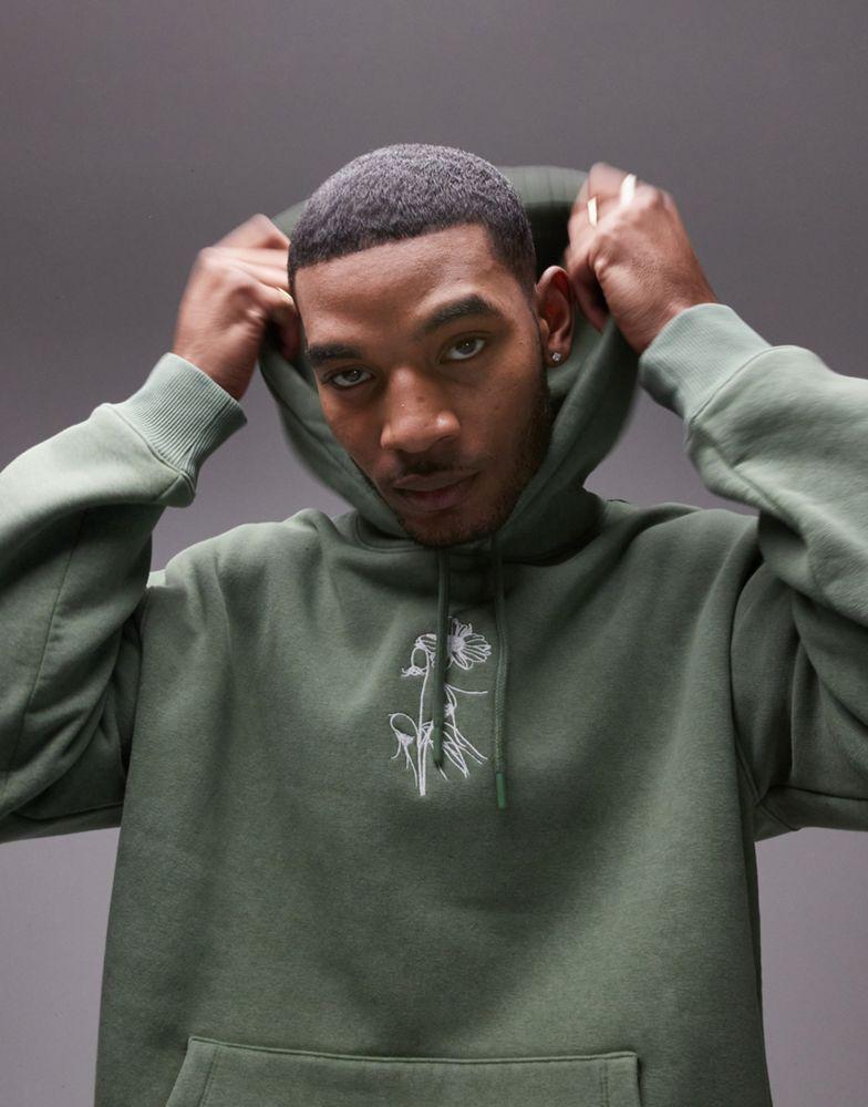 Topman Topman oversized fit hoodie with floral embroidery in washed green