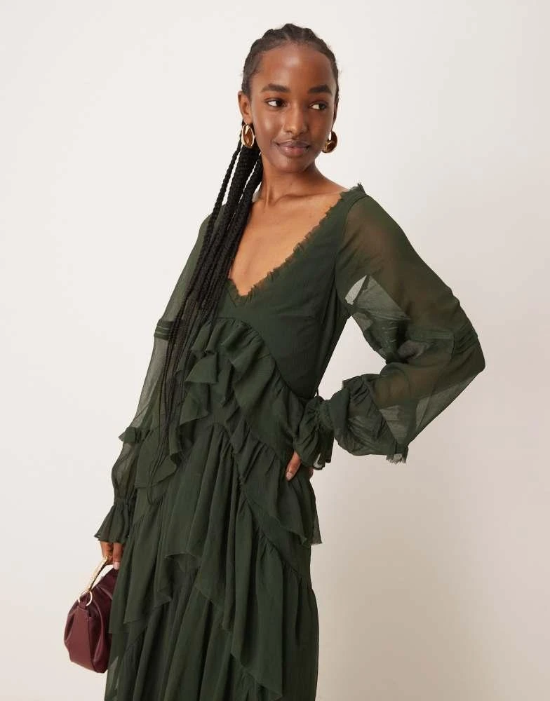 ASOS ASOS DESIGN v front tiered ruffle maxi dress with hi low hem and pin tucks in dark olive 3