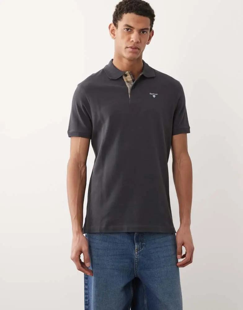Barbour short sleeve tartan pique logo polo shirt in navy