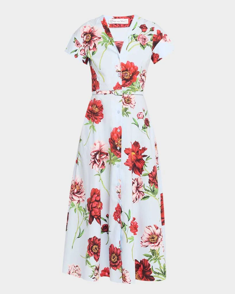 Oscar de la Renta Short-Sleeve Peony-Printed Tea-Length Dress 1