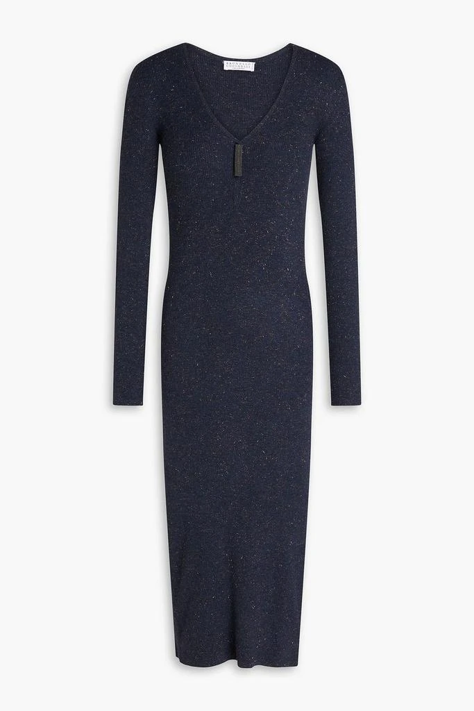 Brunello Cucinelli Bead-embellished metallic ribbed-knit midi dress 1