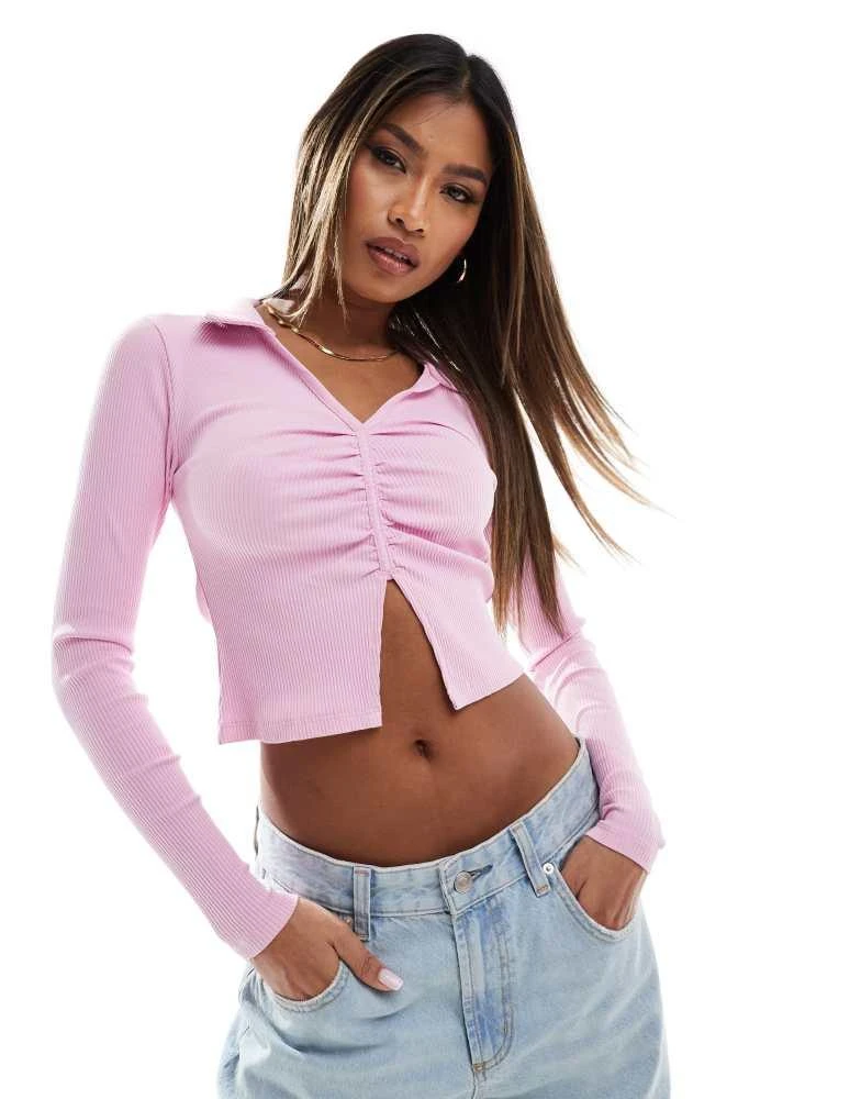 ASOS ASOS DESIGN long sleeve ribbed top with ruched front and collar detail in pink 1