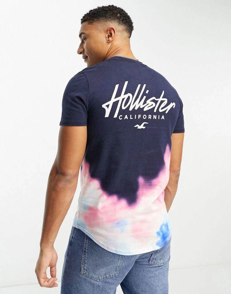 Hollister Hollister chest & back logo acid wash ombre longline t-shirt in blue 3