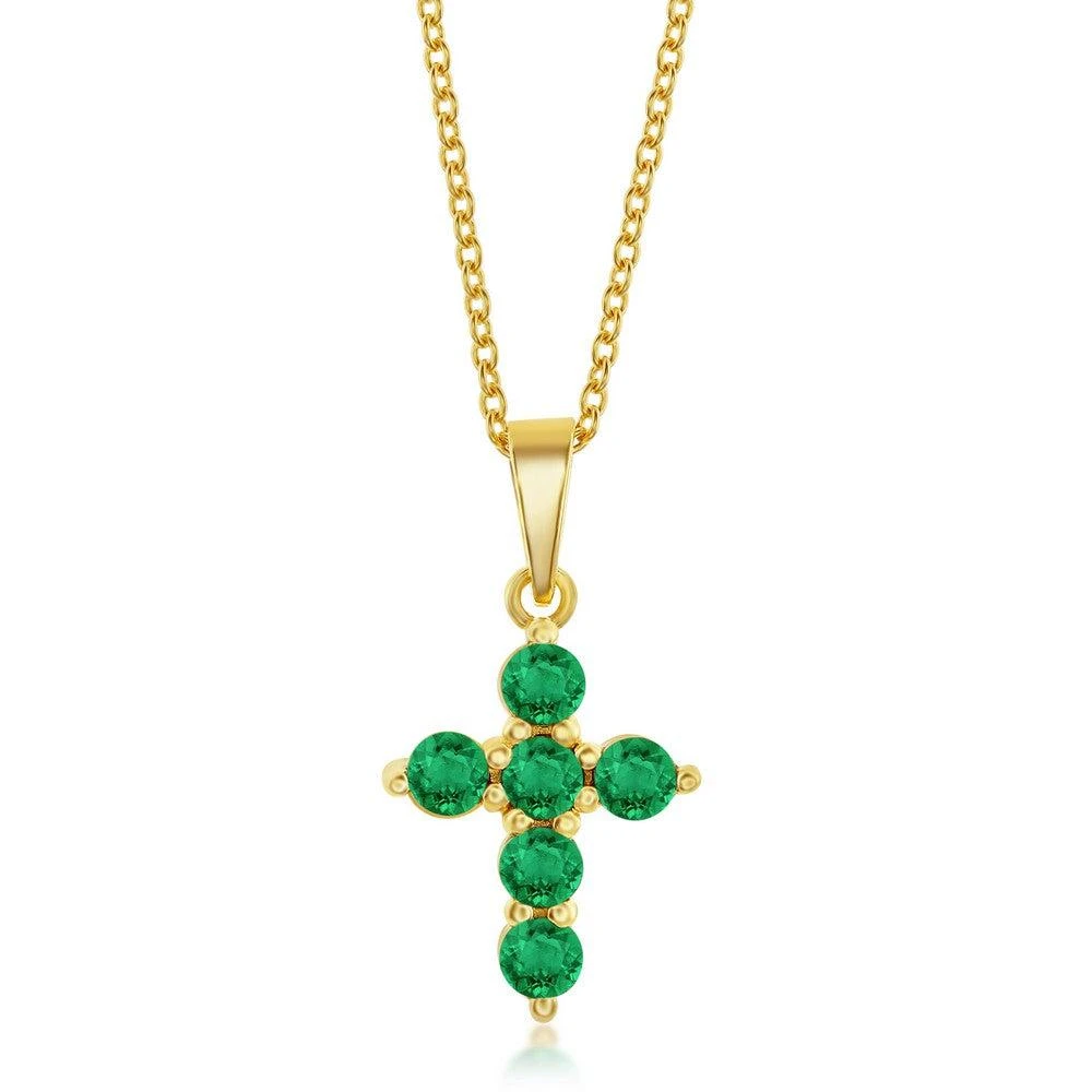 Simona Sterling Silver Cross Necklace - Emerald - Gold Plated 1