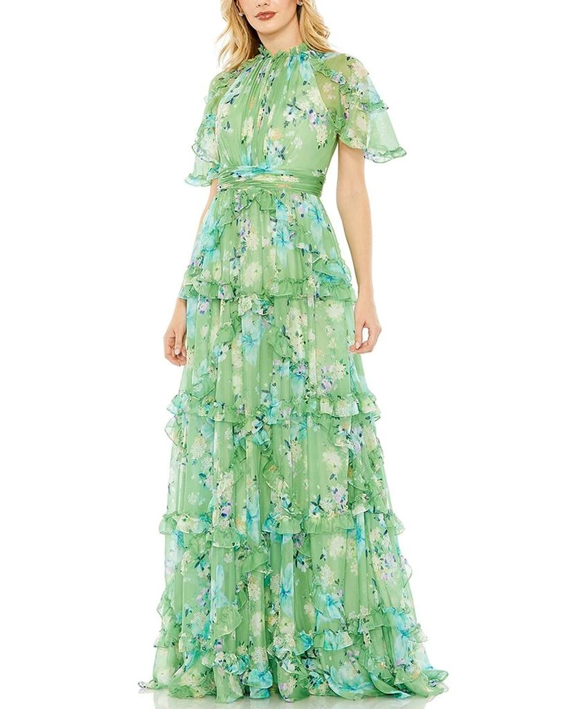 knee length dresses for ladies Mac Duggal 67803 Ruffled Floral Cut-Out Chiffon Gown – The Dress Outlet main image 0