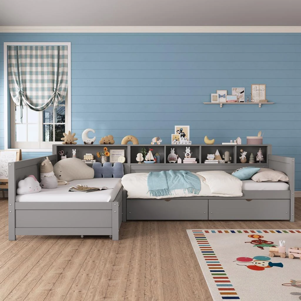 Streamdale Furniture Streamdale Twin L-Shape Day Bed with Storage Drawers 
Bookshelf - Gray 2