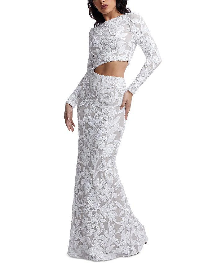 open lace back dress Dress The Population Elisa Sequin Embroidered Cocktail Midi Dress Blue