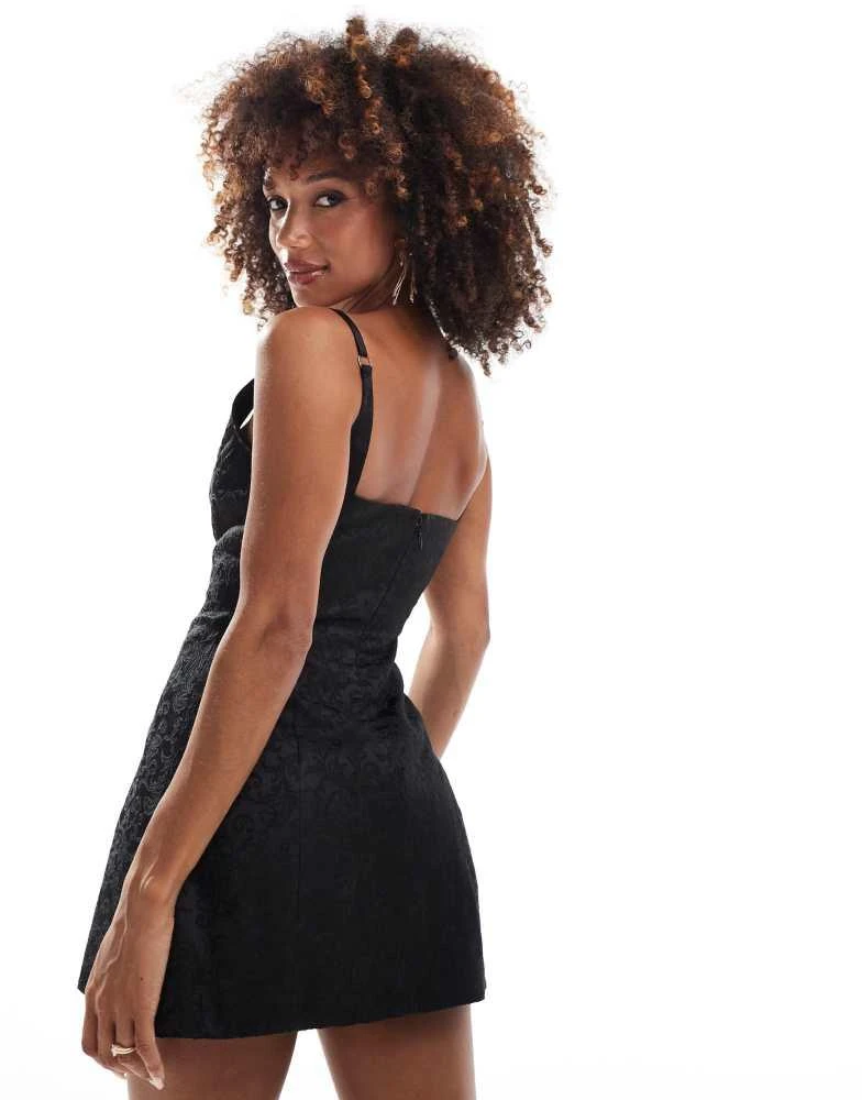 Murci Murci hook and eye plunge neck a-line mini dress in black jacquard 4