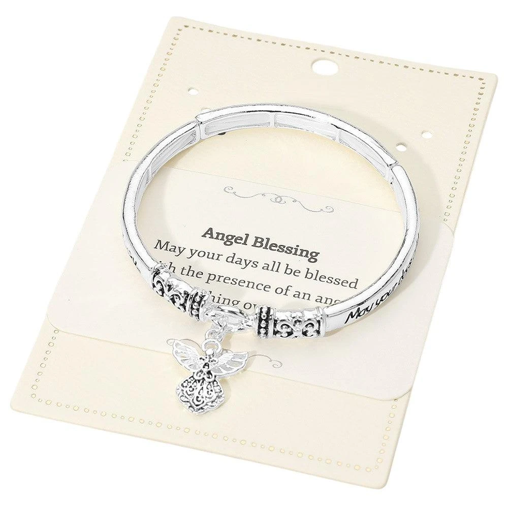 FASHNZFAB Angel Blessing Inspirational Religious Message Angel Charm Stretch Bangle Bracelet 3