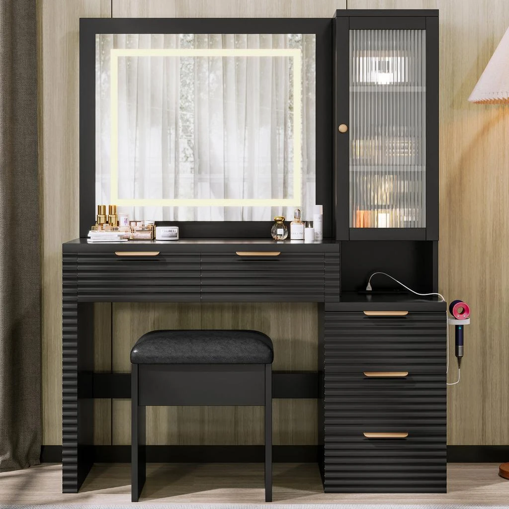 Streamdale Furniture Streamdale 43.5" Fluted Makeup Vanity with Mirror, Lights, Charging Station 
Storage