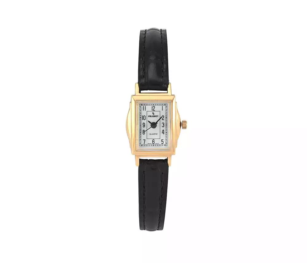 Peugeot Women's Vintage 14K Gold-Plated Rectangular Small Face Watch with Leather Strap