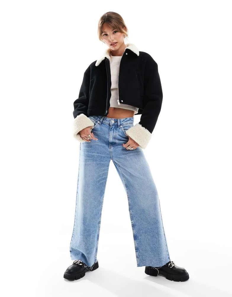 ASOS ASOS DESIGN cord bonded jacket with shearling collar in black 2