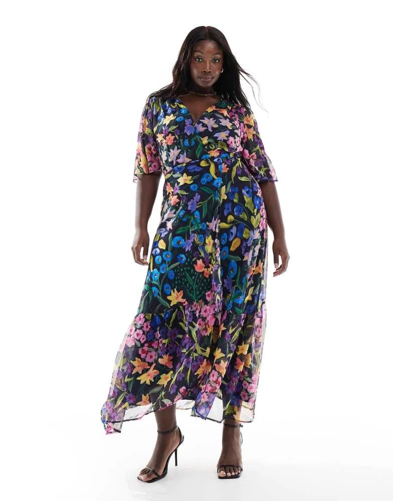 flutter sleeve maxi wrap dress Hope & Ivy flutter sleeve maxi wrap dress with tie waist in purple multi