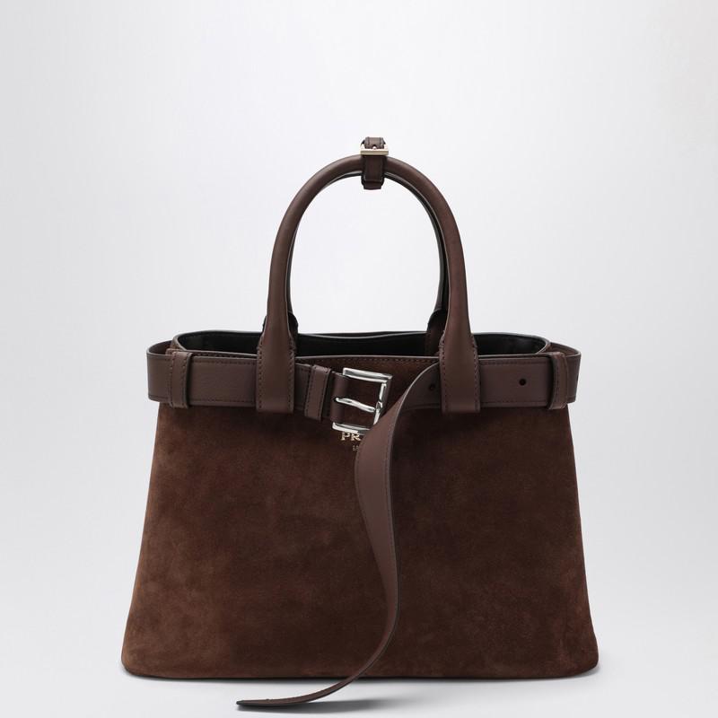 【関税&送料込】Prada Brown Suede Prada Buckle Medium Handba Cocoa Brown Medium Prada Buckle suede bag with belt | PRADA