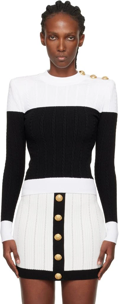 Balmain Black 
White Long-Sleeved Two-Tone Sweater 1