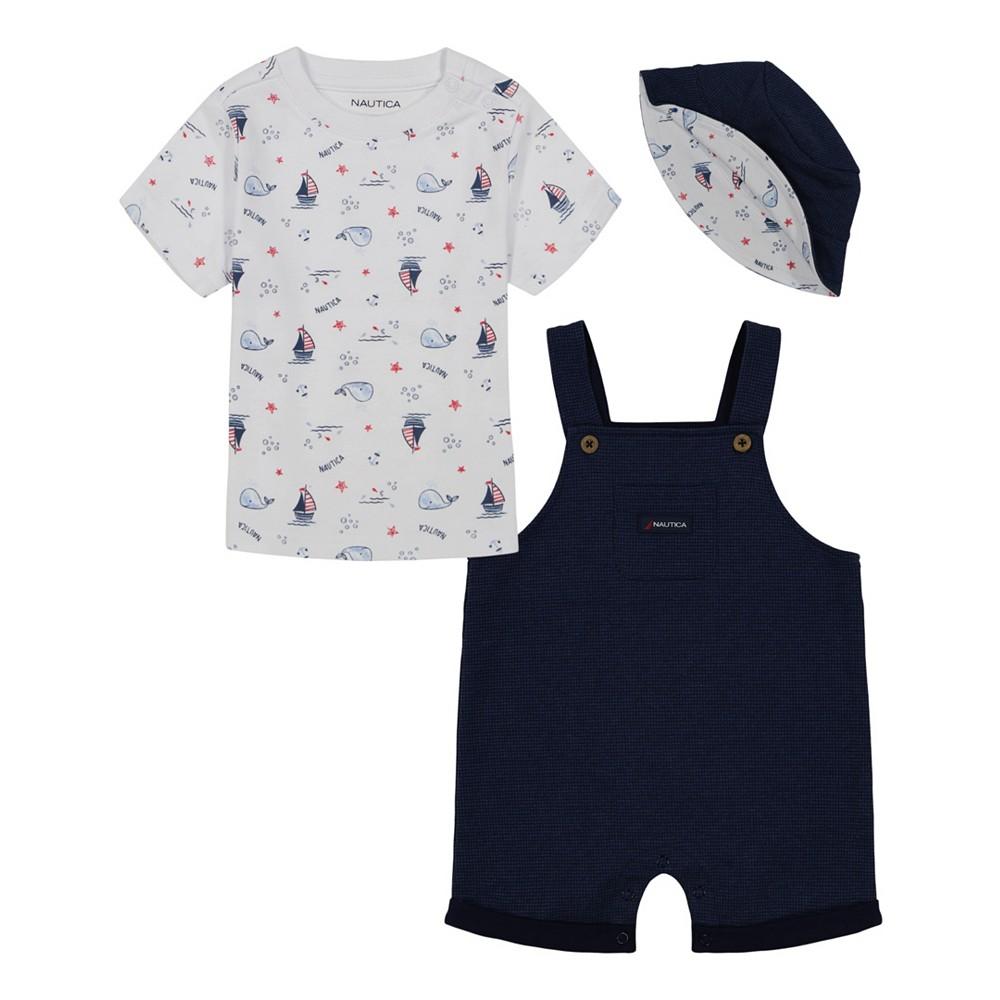 Nautica Baby Boys Short Sleeve Print T-shirt, Patterned French Terry Shortalls and Bucket Hat, 3-Pc Set