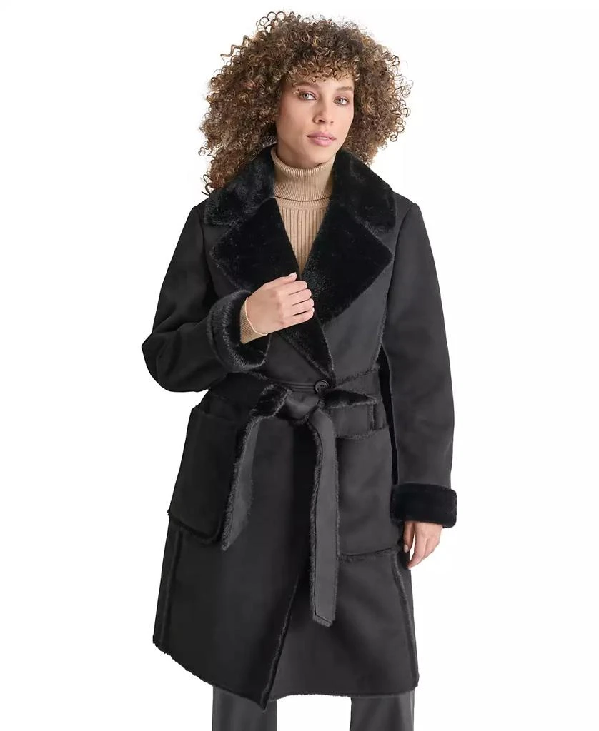 DKNY Women's Belted Notched-Collar Faux-Shearling Coat, Created for Macy's 1