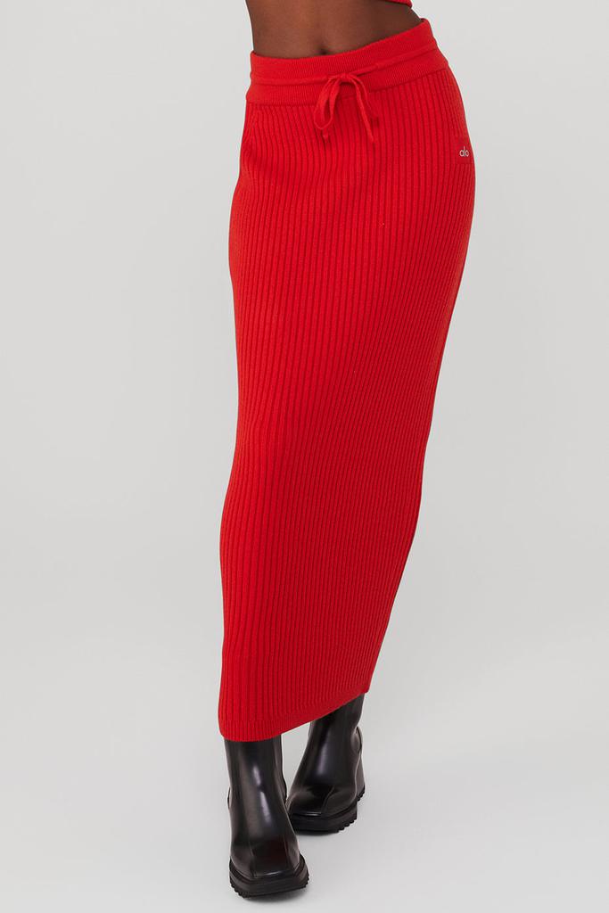 Alo Yoga Cashmere Ribbed High-Waist Winter Dream Skirt - Red Flame