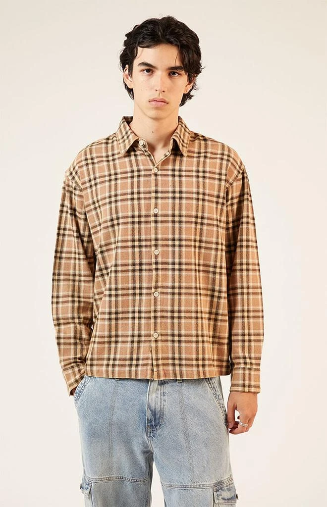 PacSun Tan Washed Cropped Flannel Shirt 1