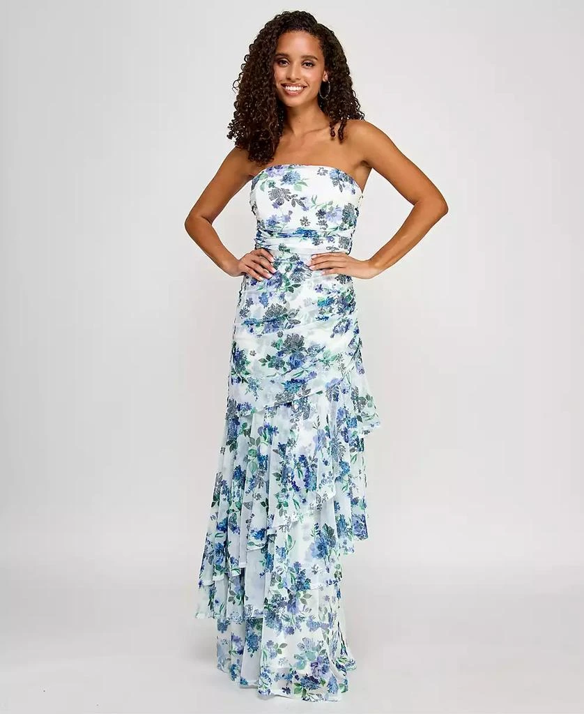 Emerald Sundae Juniors' Sequin Embellished Floral Print Ruffled Strapless Gown, Created for Macy's 1