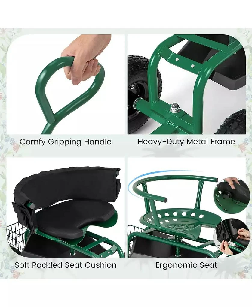 SUGIFT Cushioned Rolling Garden Cart Scooter with Storage Basket and Tool Pouch 10