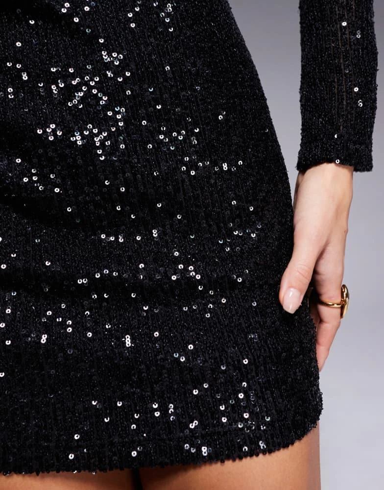 ASOS ASOS DESIGN sequin slashed shoulder mini dress with high neck detail in black 2