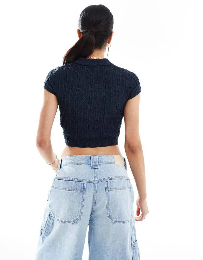 Bershka Bershka crochet polo top in navy 3