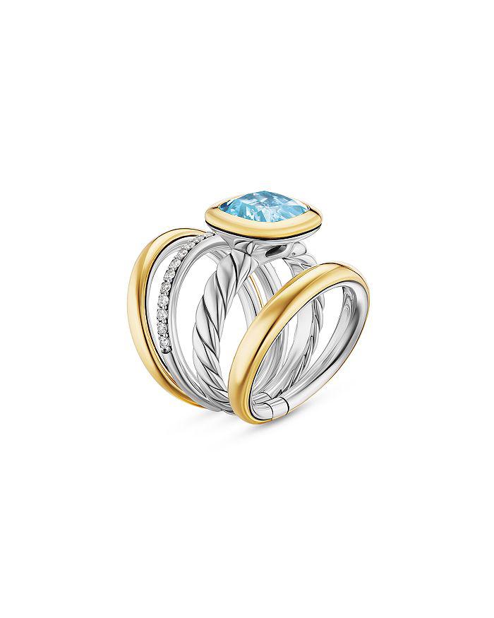 David Yurman DY Mercer® Four Row Stone Ring in Sterling Silver with 18K Yellow Gold, Sky Blue Topaz and Diamonds, 14mm