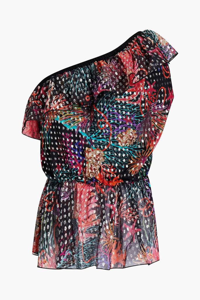Dundas One-shoulder printed fil coupé silk-blend georgette top