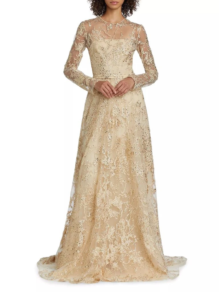 Pamella Roland Embroidered Tulle Long-Sleeve Gown 2
