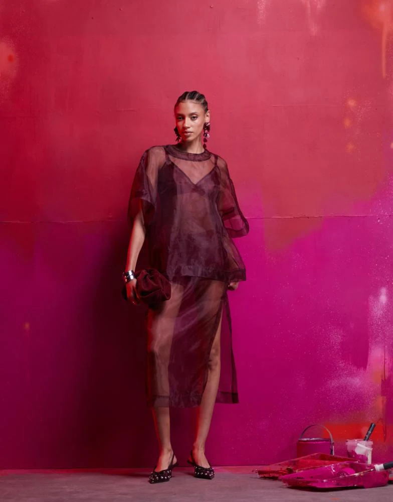 ASOS ASOS DESIGN organza boxy tee 2 in 1 dress with midi cami slip in burgundy 1