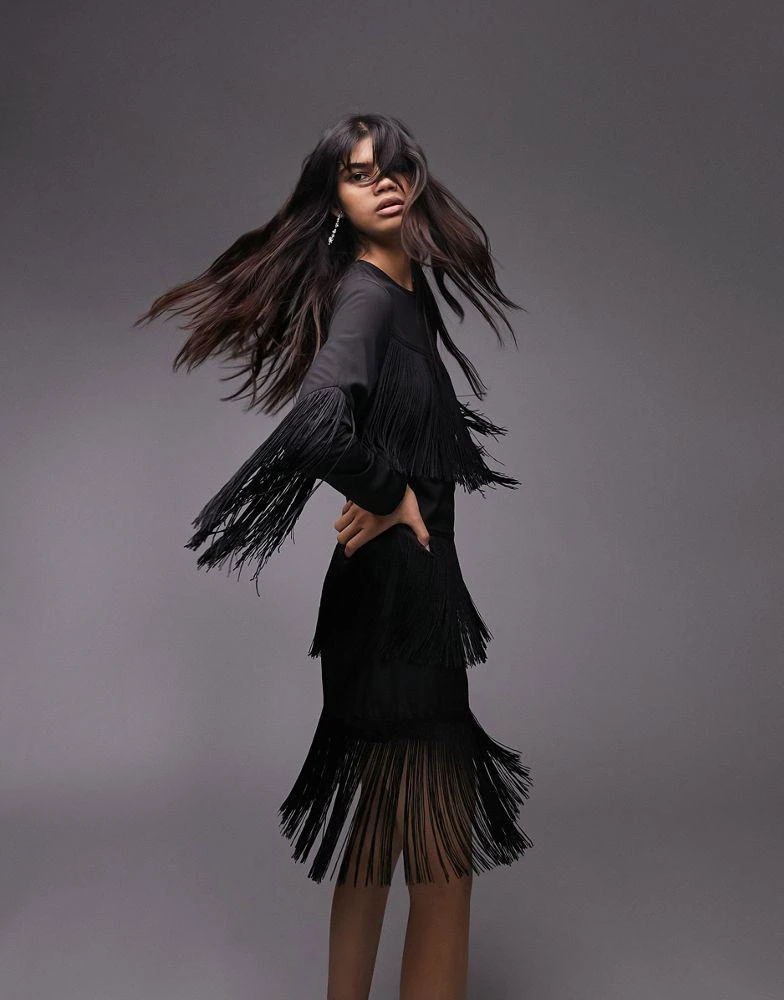 Topshop Topshop fringe detail asymmetric long sleeve mini dress in black 4