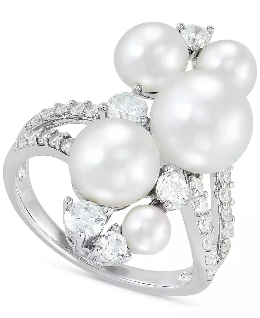 Arabella Cultured Freshwater Button Pearl (4 - 9-1/2mm) & Cubic Zirconia Cluster Ring in Sterling Silver 1