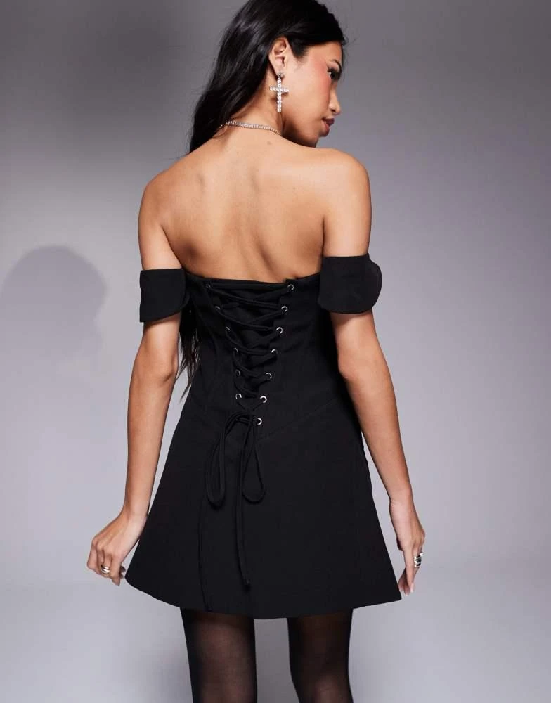 Shop Murci shirred bust detail corset bardot lace up back mini dress in  black on Sale at BeyondStyle  Get 60% Off Murci shirred bust detail corset bardot  lace up back mini