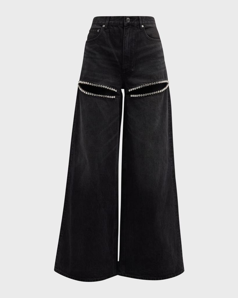 AREA High-Rise Crystal Slit Wide-Leg Jeans