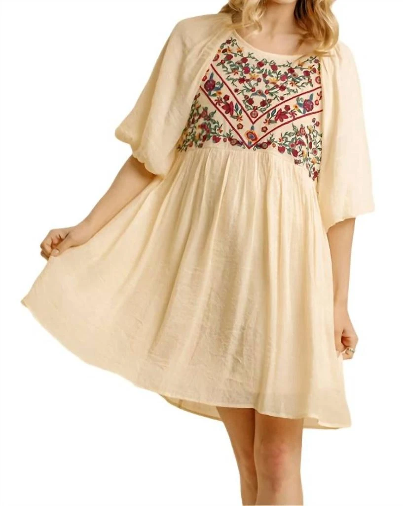 umgee Floral Embroidered Balloon Sleeve Dress In Natural - Natural - Small