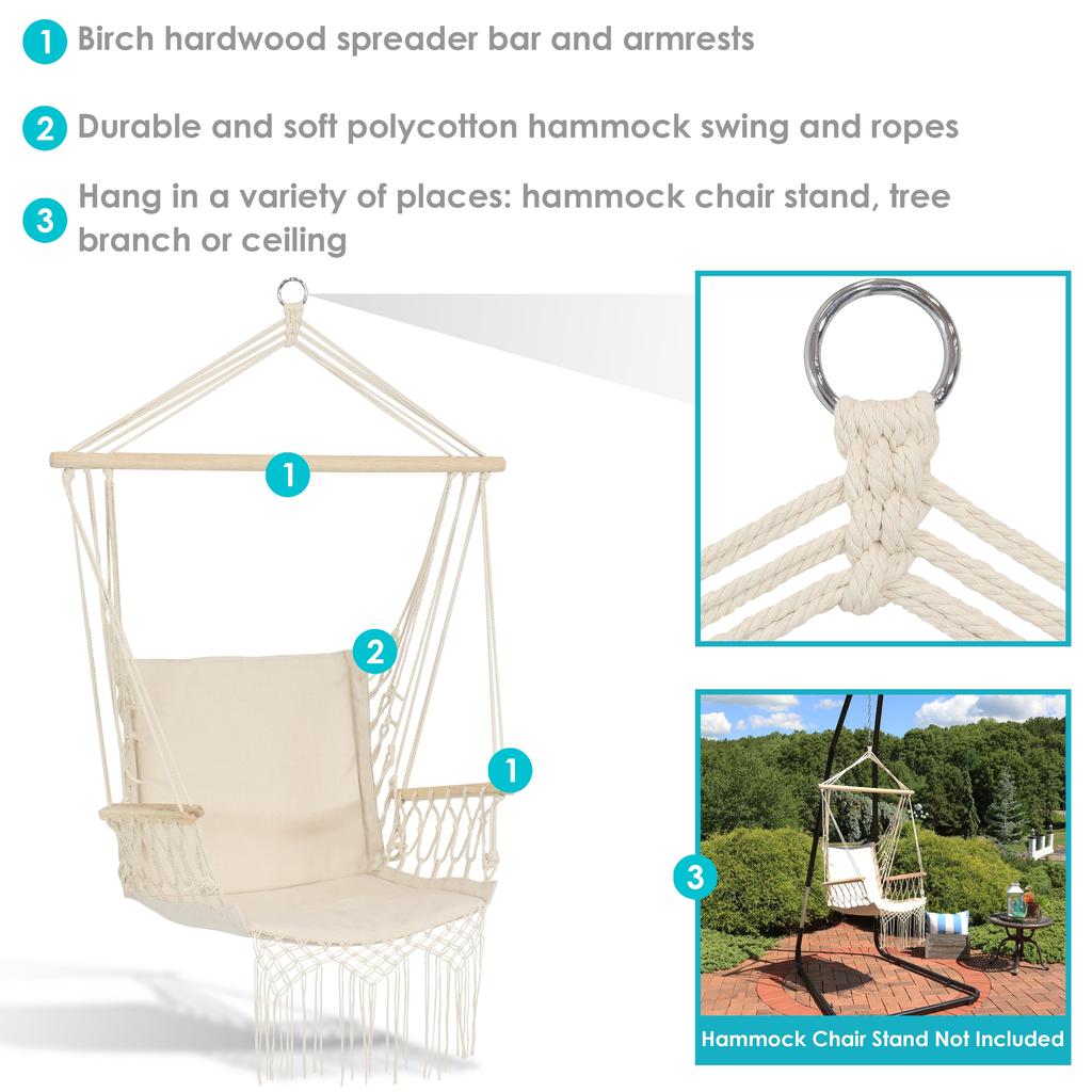 Sunnydaze Outdoor Printed Polycotton Fabric Hammock Chair with Armrests and Hardwood Spreader Bar - 300 lb Capacity - Natural