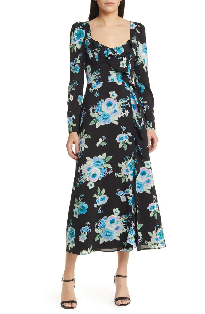Charles Henry Floral Print Ruffle Long Sleeve Midi Dress