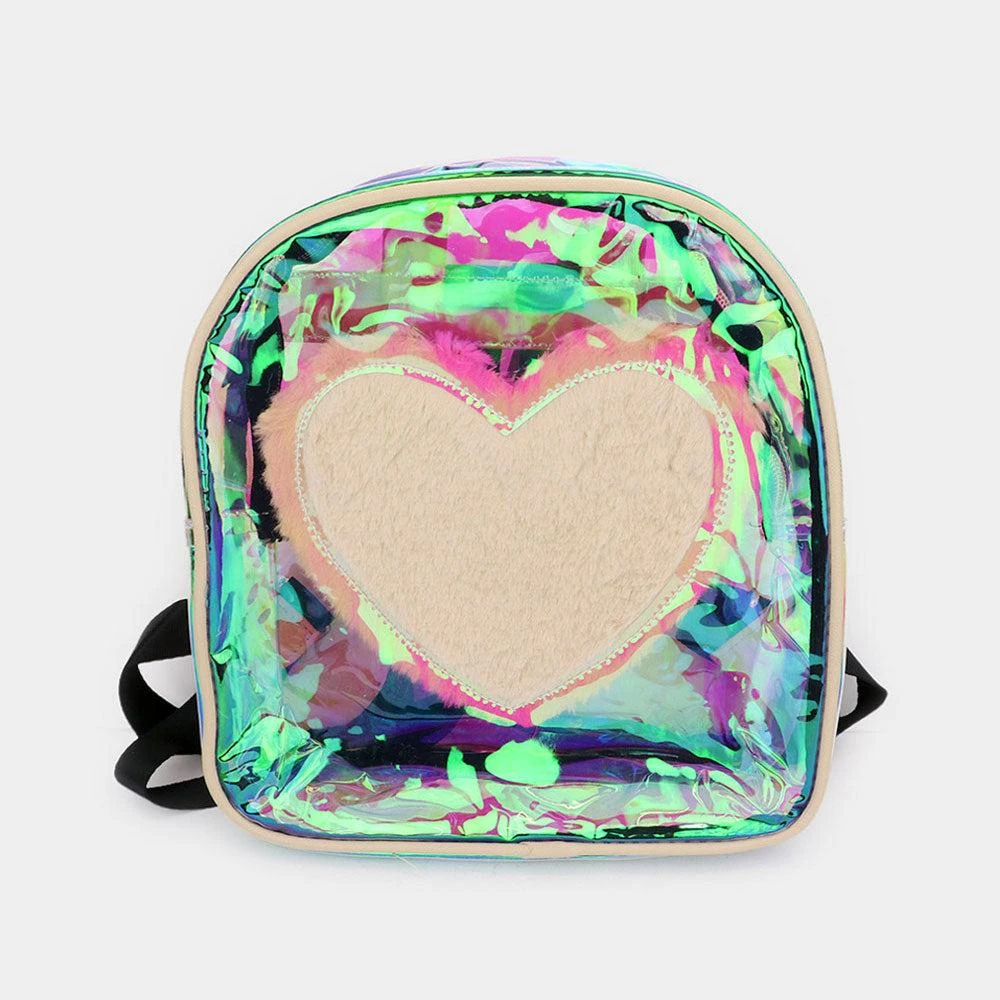 FASHNZFAB Faux Fur Heart Accented Clear Holographic Transparent Backpack