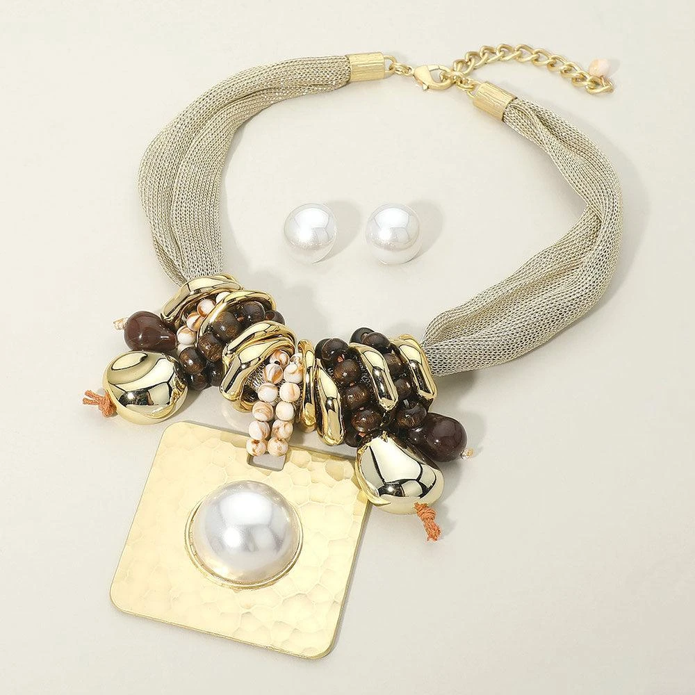 FASHNZFAB Pearl Accent Hammered Metal Square Pendant Accent Multi Charm Beaded Mesh Chain Statement Necklace