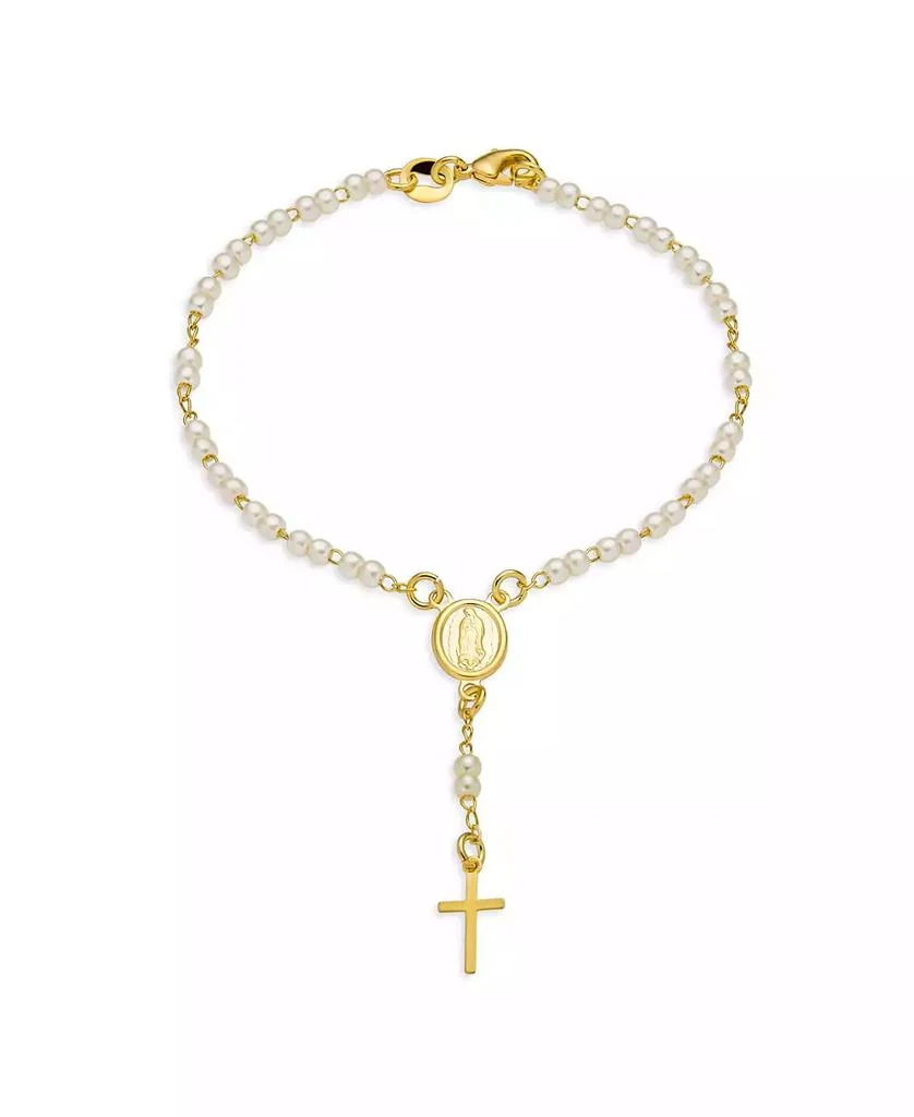 Bling Jewelry Dainty White Pearl Rosary-Bead Bracelet with Cross Gold Plated 7.5 Inch