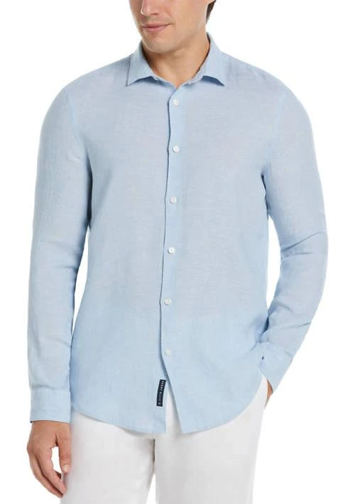 Perry Ellis Ellis Mens Long Sleeve Solid Linen Woven Button Down Shirt 1