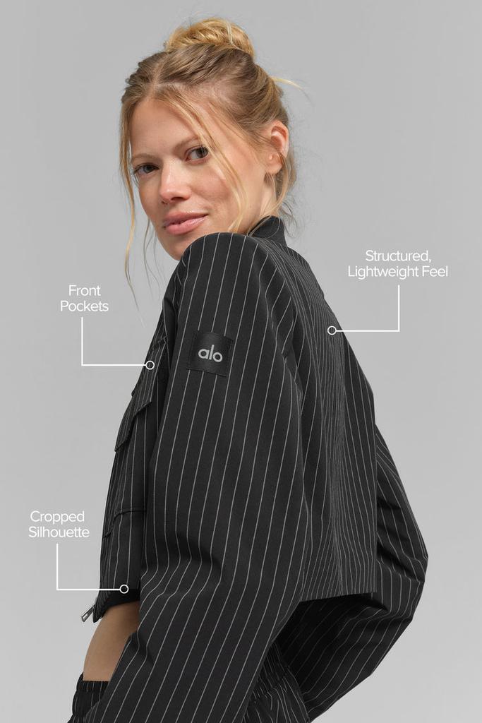 Alo Cropped Pinstripe Main Character Full Zip Jacket - Lunar Grey/White