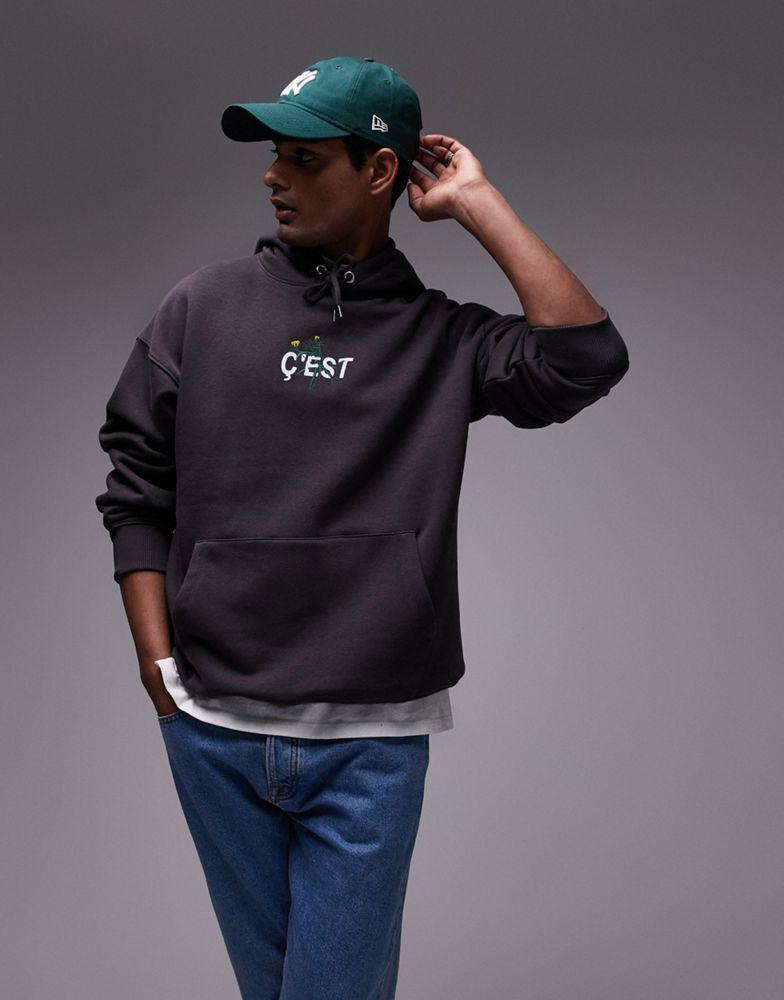 Topman Topman oversized fit hoodie with front and back floral embroidery print in charcoal