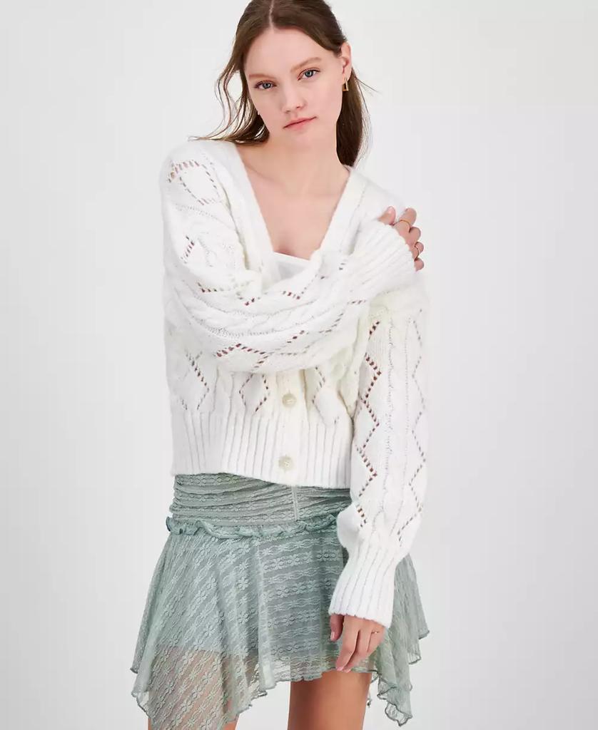 Hippie Rose Juniors' Pointelle Cable-Knit Cardigan