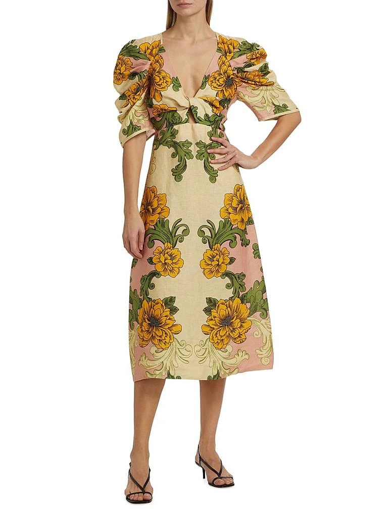 Floral Arabesque Linen Midi-Dress  On Sale Now with Up to 41% Off |  Discover Exclusive Deals & Savings at BeyondStyle  Authentic Farm Rio  contemporary|puff sleeve|midi-length|dresses|women's|a-line|women's  apparel|floral|v-neck|linen|three-quarter ...