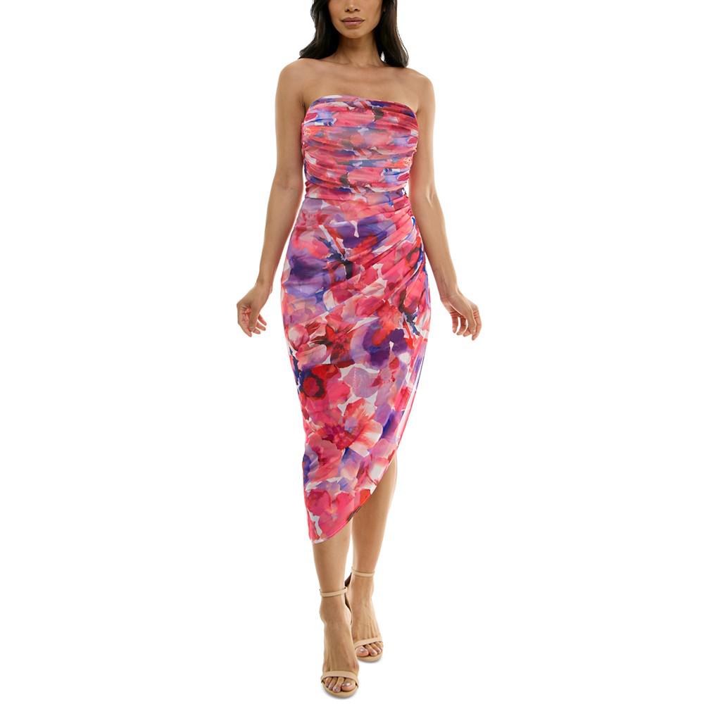 Emerald Sundae Juniors' Strapless Ruched Mesh Bodycon Midi Dress